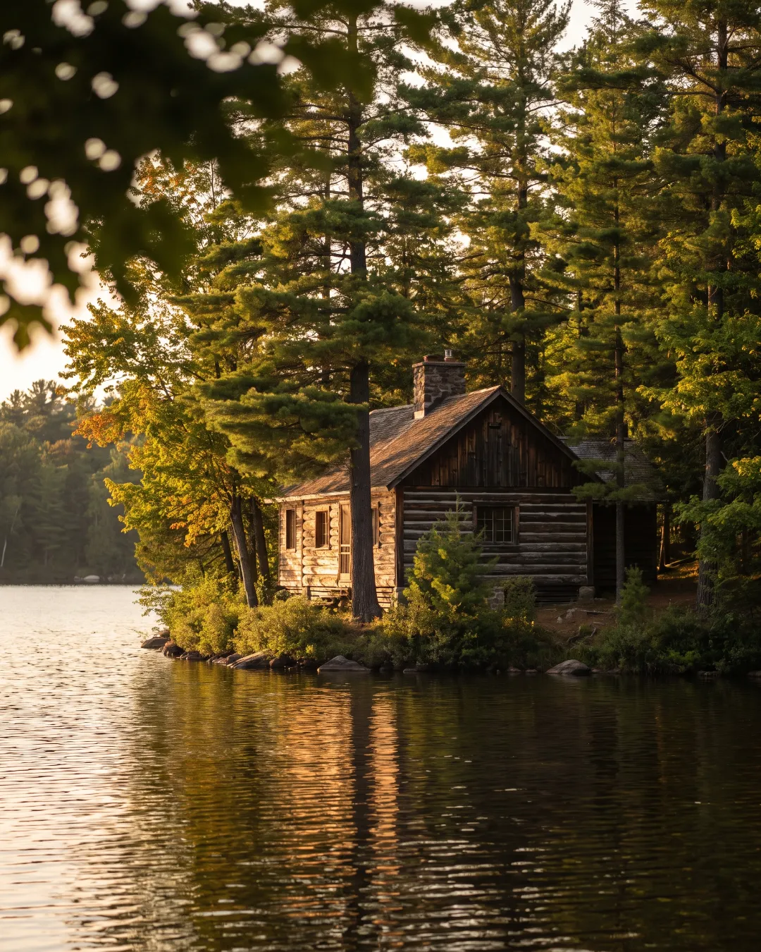 A rustic cabin on the shore of a quiet lake at sunset